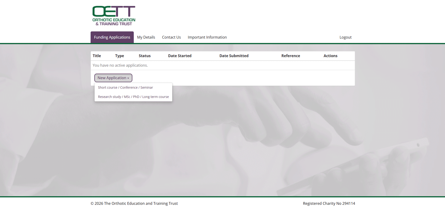 Screenshot of OETT Funding Application website dashboard