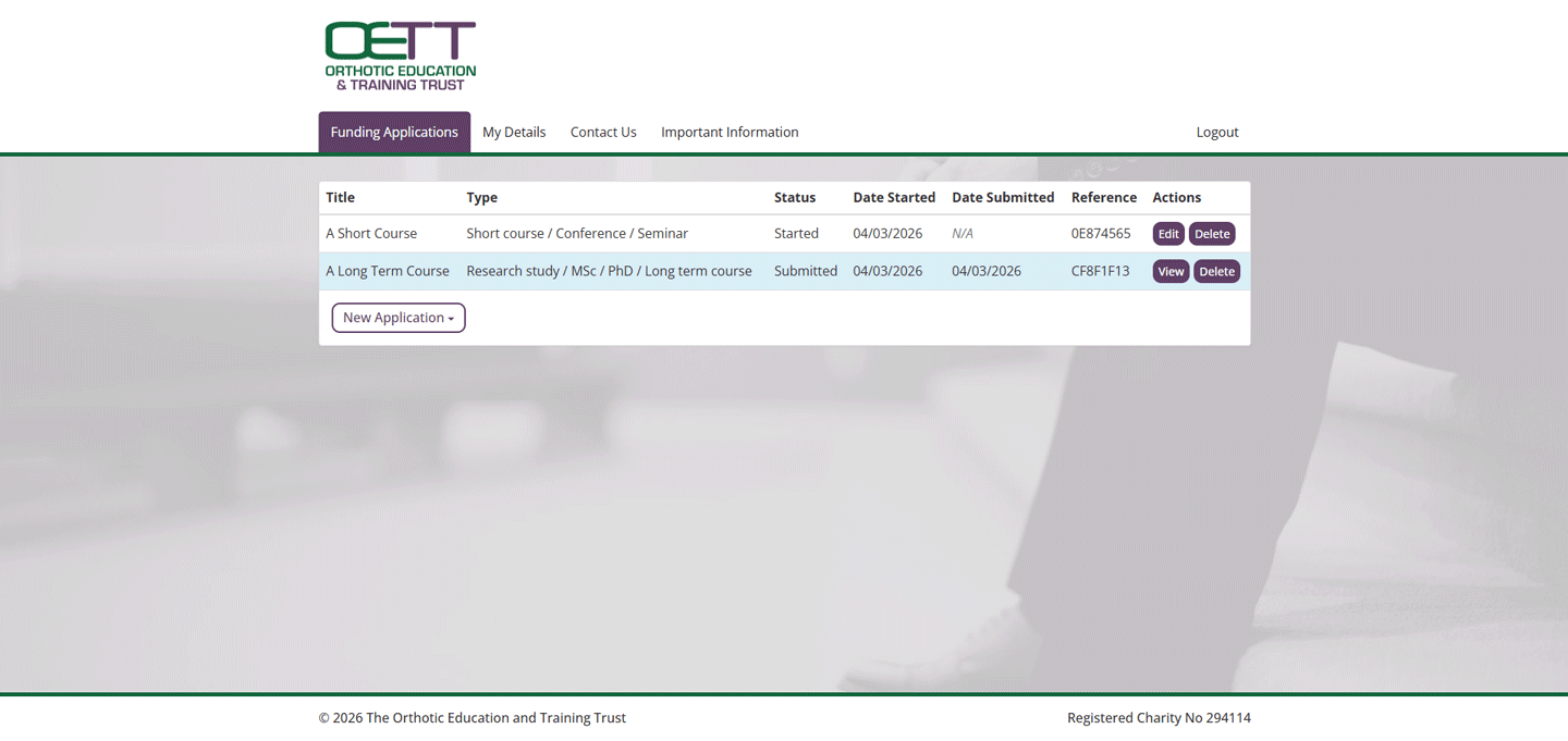 Screenshot of OETT Funding Application website dashboard