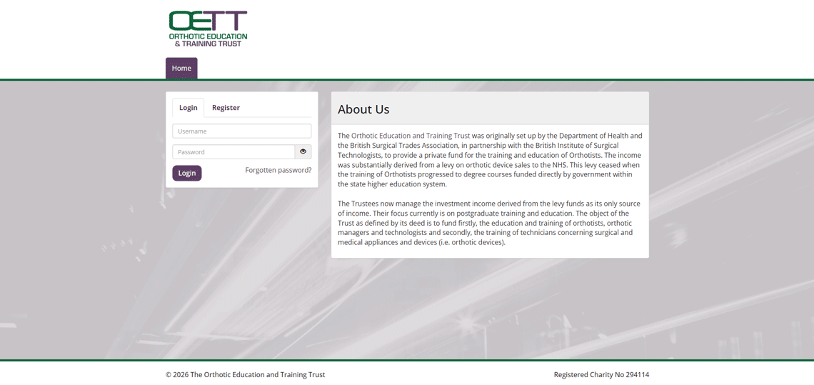 Screenshot of OETT Funding Application website login page